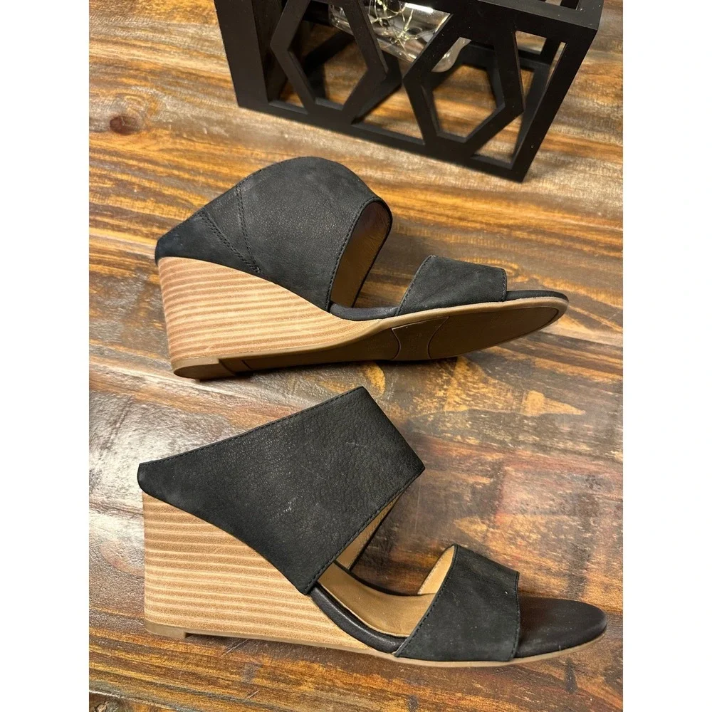Franco Sarto Womens Mingle Black Leather Wedge Heel Sandal US‎ Size 8M Office